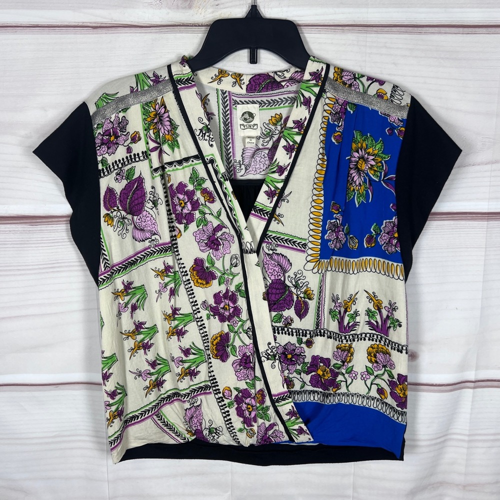 TINY Blouse Women S Black Floral Patchwork Wrap V-Neck Cap Sleeve Mixed Media